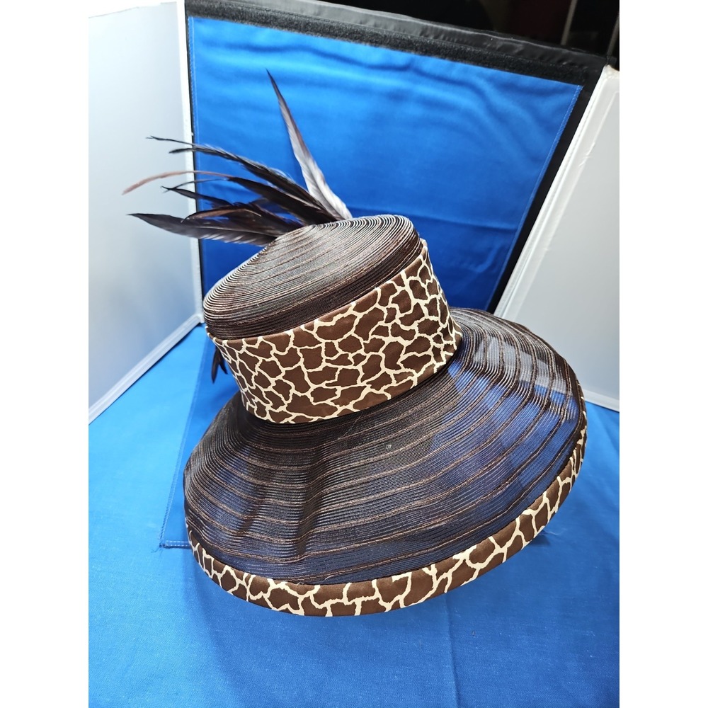 Church Derby Straw Hat Wide Brim Long Feathers Animal Print Whittall & Shon VTG - Picture 5 of 11